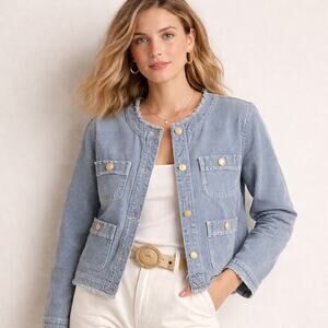 J. Crew Frayed Denim Lady Jacket in Stripe | Indigo Nautical Stripes | Size 14